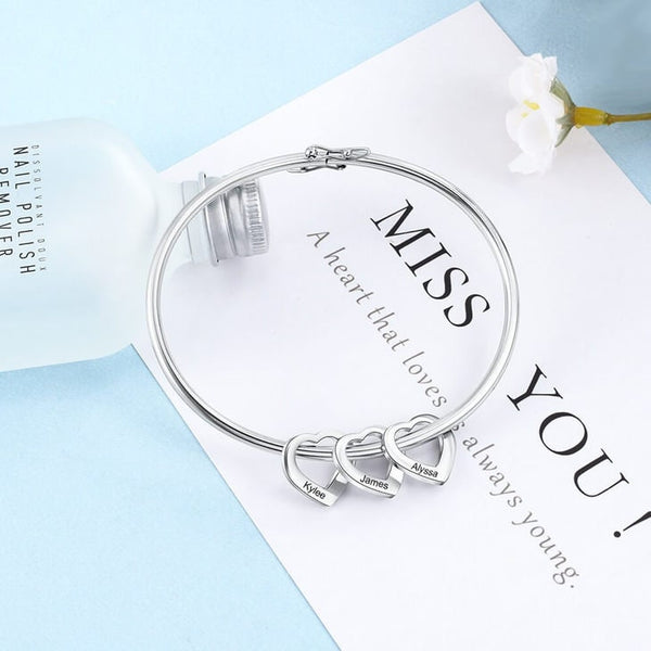 Personalized Mother&#39;s Hearts Charm Bangle Bracelet,925 Silver,24K Gold,Rose Gold,Mother&#39;s Day Gift,Birthday gifts for Her,gifts for Mom