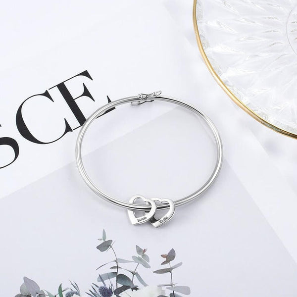 Personalized Mother&#39;s Hearts Charm Bangle Bracelet,925 Silver,24K Gold,Rose Gold,Mother&#39;s Day Gift,Birthday gifts for Her,gifts for Mom