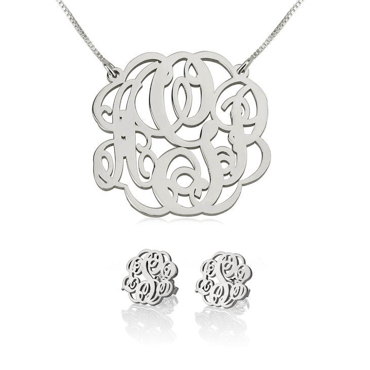 Set:Monogram EarRings +Pendant Necklace,925 Silver,24K/Rose Gold,Mother&#39;s Day gift,Birthday gift for HER,baby shower gift,bridesmaid jewelry