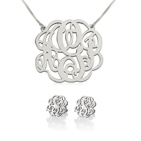 Set:Monogram EarRings +Pendant Necklace,925 Silver,24K/Rose Gold,Mother&#39;s Day gift,Birthday gift for HER,baby shower gift,bridesmaid jewelry