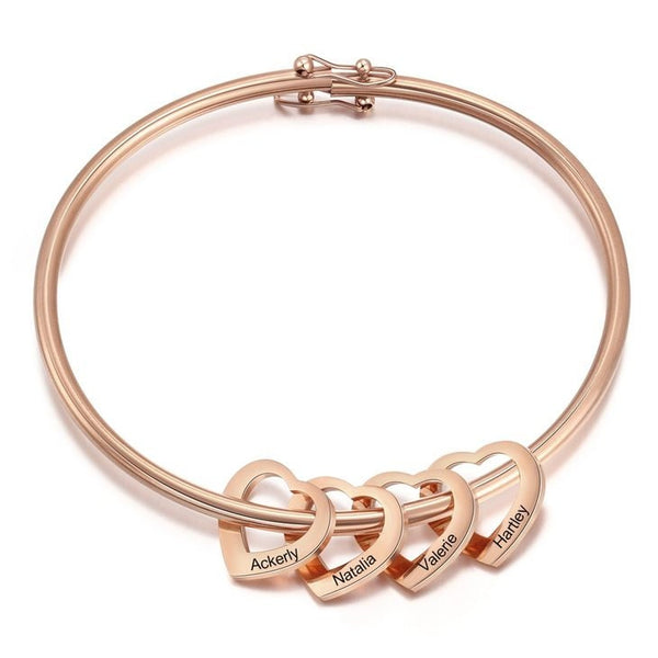 Personalized Mother&#39;s Hearts Charm Bangle Bracelet,925 Silver,24K Gold,Rose Gold,Mother&#39;s Day Gift,Birthday gifts for Her,gifts for Mom