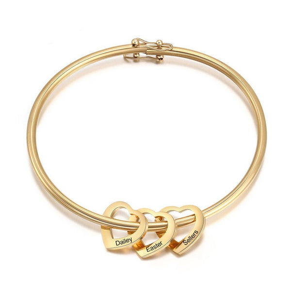 Personalized Mother&#39;s Hearts Charm Bangle Bracelet,925 Silver,24K Gold,Rose Gold,Mother&#39;s Day Gift,Birthday gifts for Her,gifts for Mom