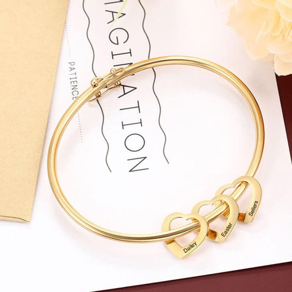 Personalized Mother&#39;s Hearts Charm Bangle Bracelet,925 Silver,24K Gold,Rose Gold,Mother&#39;s Day Gift,Birthday gifts for Her,gifts for Mom