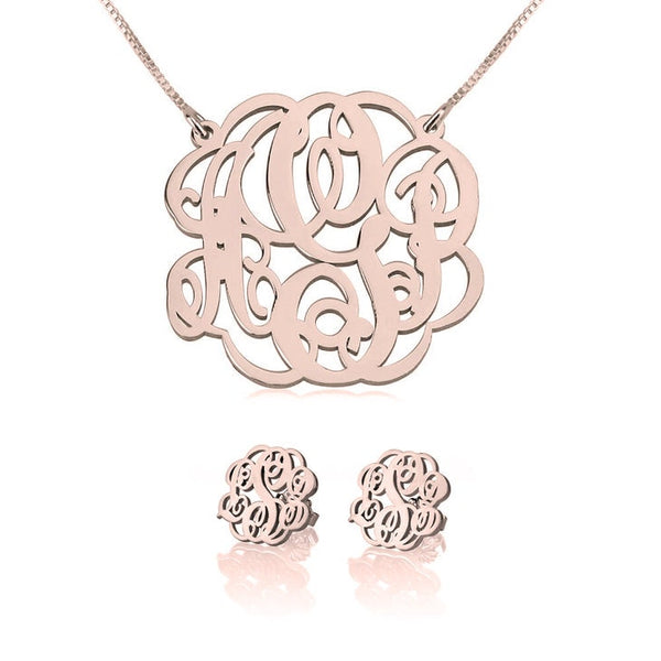 Set:Monogram EarRings +Pendant Necklace,925 Silver,24K/Rose Gold,Mother&#39;s Day gift,Birthday gift for HER,baby shower gift,bridesmaid jewelry