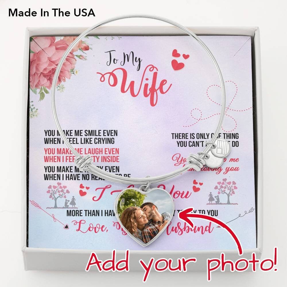 Personalized Bangle Heart Charm Bracelet for Wife,Gifts for Wife,Personalized Photo Heart Bracelet,Engagement Gift, Birthday Gift for Her,