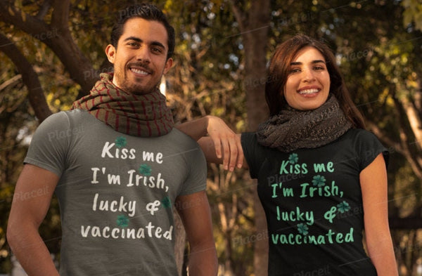 Funny St Patrick Day Shirt,Kiss me I&#39;m Irish, lucky & Vaccinated, Shamrock Shirt, Shirt,St Patty Day Shirt,Four Leaf Clover Shirt,Mens Shirt
