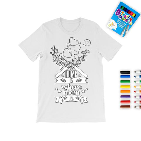 Home&#39;s where Mom is Mother&#39;s Day Coloring T-shirt,Cat Heart,Fabric Pens,Mom Quote T-shirt,Mother&#39;s Day Gift,Mom Birthday gift,Adult/Kid Gift