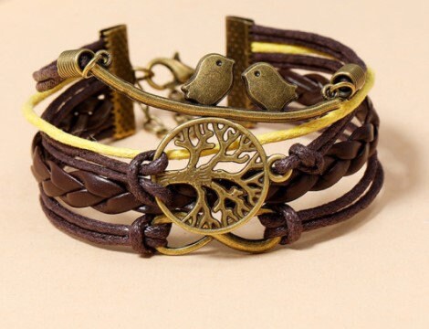 4in1 Lovebirds Unisex Bohemian Bronze Leather Bracelet,Tree of Life Infinity,Mothers Day Gift,Birthday gift for Her/Him,Aunt/Graduation Gift