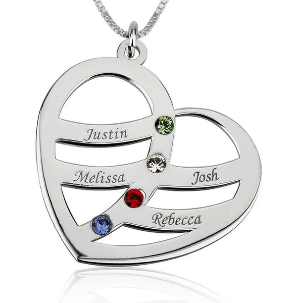 Personalized Engraved Heart Birthstone Necklace,Family Pendant,Sterling Silver,24K Gold,Rose Gold Plated,Mother&#39;s Day Gift,Mom Birthday gift