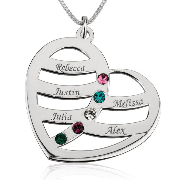 Personalized Engraved Heart Birthstone Necklace,Family Pendant,Sterling Silver,24K Gold,Rose Gold Plated,Mother&#39;s Day Gift,Mom Birthday gift