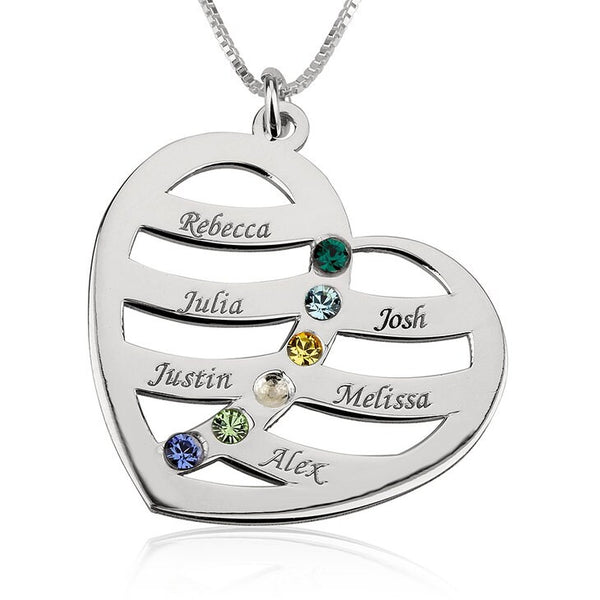 Personalized Engraved Heart Birthstone Necklace,Family Pendant,Sterling Silver,24K Gold,Rose Gold Plated,Mother&#39;s Day Gift,Mom Birthday gift