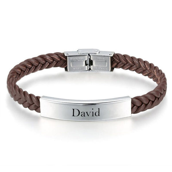 Twisted Leather Engraved Name Bracelet,Gifts for Uncle/Father&#39;s Day,Bestman/Wedding Gift,Stainless Steel,Valentine/Christmas/Birthday Gift