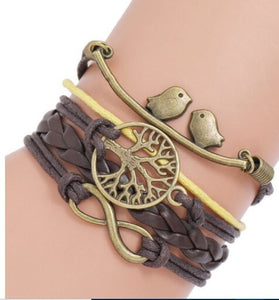 4in1 Lovebirds Unisex Bohemian Bronze Leather Bracelet,Tree of Life Infinity,Mothers Day Gift,Birthday gift for Her/Him,Aunt/Graduation Gift