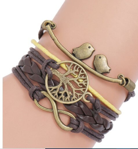 4in1 Lovebirds Unisex Bohemian Bronze Leather Bracelet,Tree of Life Infinity,Mothers Day Gift,Birthday gift for Her/Him,Aunt/Graduation Gift