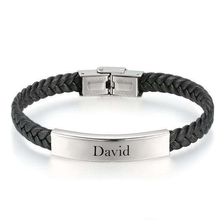 Twisted Leather Engraved Name Bracelet,Gifts for Uncle/Father&#39;s Day,Bestman/Wedding Gift,Stainless Steel,Valentine/Christmas/Birthday Gift