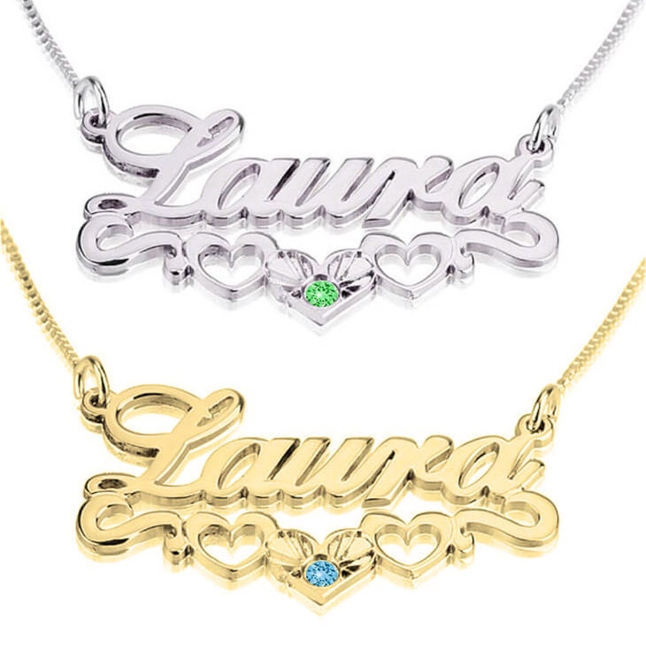 Hearts Underlined Personalized Birthstone Name Necklace,Sterling Silver,24K/Rose Gold,Gifts for Graduation,Mother&#39;s Day,Birthday,Engagement