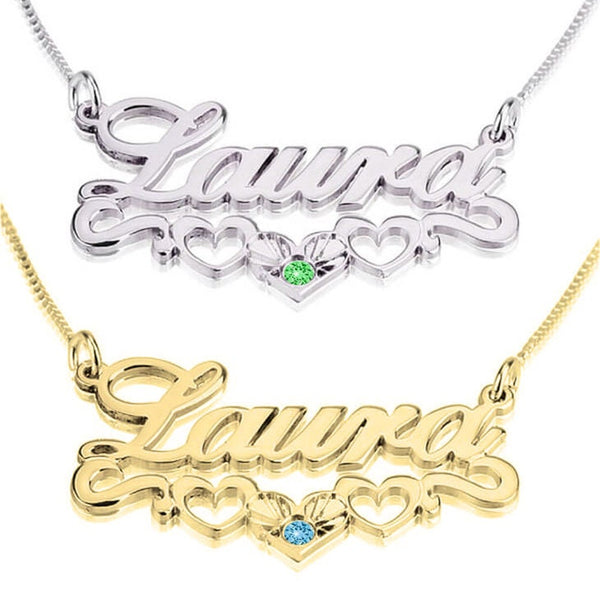 Hearts Underlined Personalized Birthstone Name Necklace,Sterling Silver,24K/Rose Gold,Gifts for Graduation,Mother&#39;s Day,Birthday,Engagement