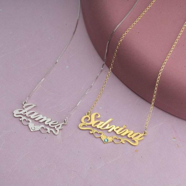 Hearts Underlined Personalized Birthstone Name Necklace,Sterling Silver,24K/Rose Gold,Gifts for Graduation,Mother&#39;s Day,Birthday,Engagement