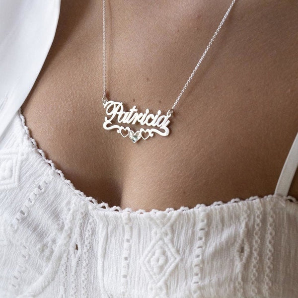 Hearts Underlined Personalized Birthstone Name Necklace,Sterling Silver,24K/Rose Gold,Gifts for Graduation,Mother&#39;s Day,Birthday,Engagement