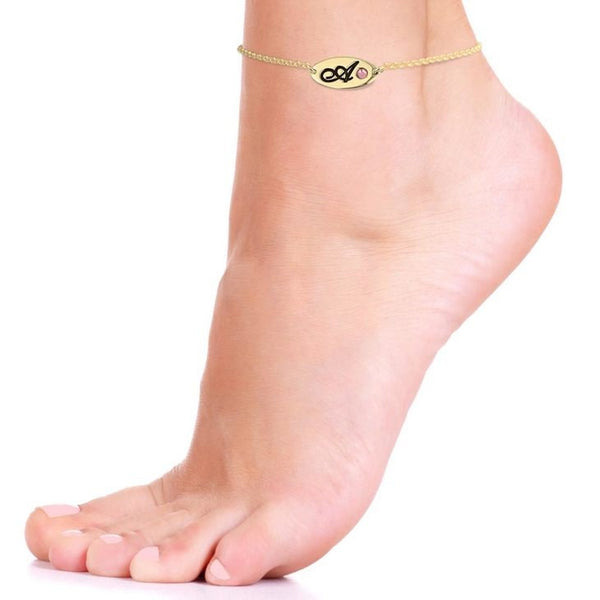 Charm Anklet with Initial & Birthstone,Sterling Silver,24K/Rose Gold,Graduation Gift,Mother&#39;s Day Gift,Birthday Gift,Engagement Gift