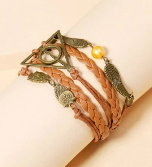5in1 Bronze Bohemian Leather Bracelet,Owl Wings/Freedom Magic Symbol,Gift for Mothers Day/Birthday/Her/Him/Aunt/Graduation/Bridemaids/Friend