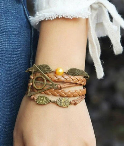 5in1 Bronze Bohemian Leather Bracelet,Owl Wings/Freedom Magic Symbol,Gift for Mothers Day/Birthday/Her/Him/Aunt/Graduation/Bridemaids/Friend