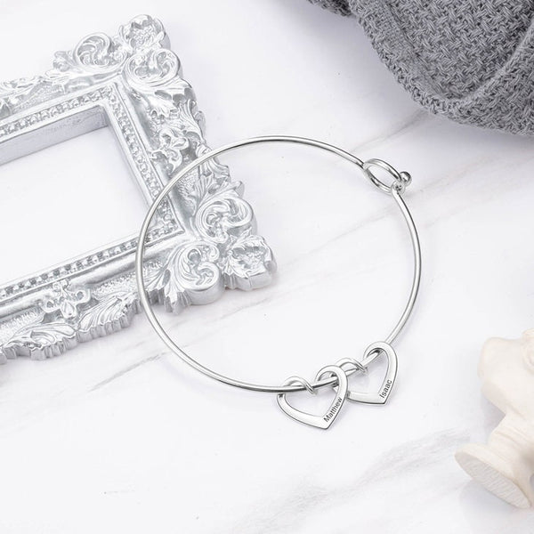 Personalized Hearts Engraved Charm Bangle Bracelet,925 Silver,24K Gold,Rose Gold,Mother&#39;s Day Gift,Birthday gifts for Her,gifts for Mom