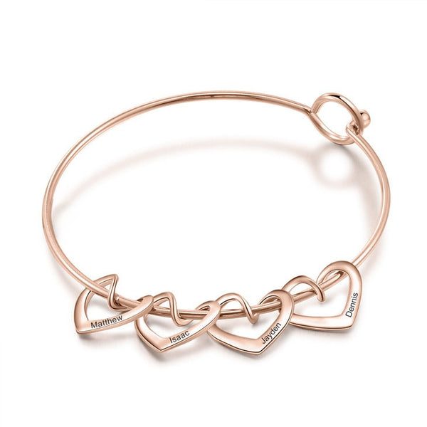 Personalized Hearts Engraved Charm Bangle Bracelet,925 Silver,24K Gold,Rose Gold,Mother&#39;s Day Gift,Birthday gifts for Her,gifts for Mom