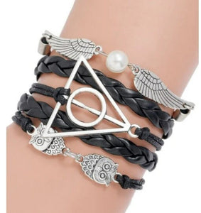 5in1 Unisex Bohemian Silver Leather Bracelet,Owl Wings/Freedom Magic Symbol,Gift for Mothers Day/Birthday/Her/Him/Aunt/Graduation/Bridemaids