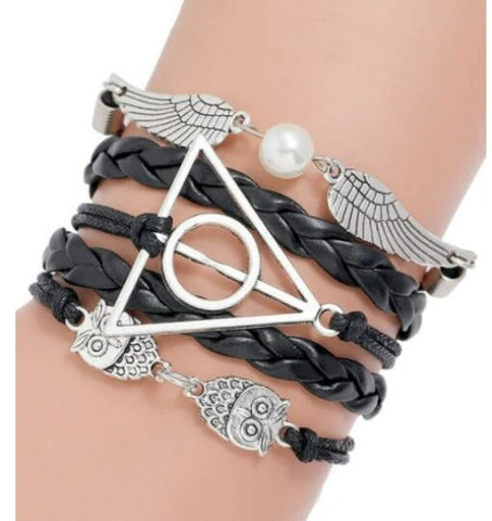 5in1 Unisex Bohemian Silver Leather Bracelet,Owl Wings/Freedom Magic Symbol,Gift for Mothers Day/Birthday/Her/Him/Aunt/Graduation/Bridemaids