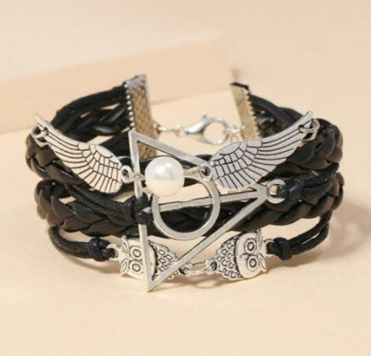 5in1 Unisex Bohemian Silver Leather Bracelet,Owl Wings/Freedom Magic Symbol,Gift for Mothers Day/Birthday/Her/Him/Aunt/Graduation/Bridemaids