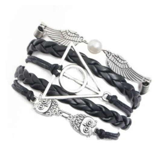 5in1 Unisex Bohemian Silver Leather Bracelet,Owl Wings/Freedom Magic Symbol,Gift for Mothers Day/Birthday/Her/Him/Aunt/Graduation/Bridemaids