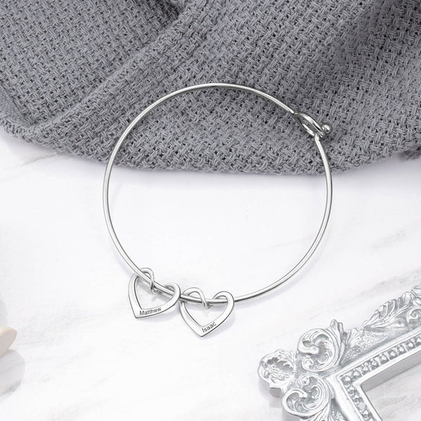Personalized Hearts Engraved Charm Bangle Bracelet,925 Silver,24K Gold,Rose Gold,Mother&#39;s Day Gift,Birthday gifts for Her,gifts for Mom