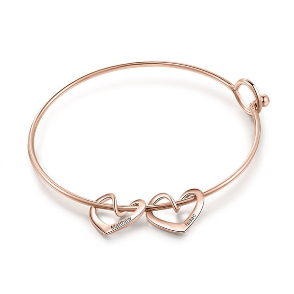 Personalized Hearts Engraved Charm Bangle Bracelet,925 Silver,24K Gold,Rose Gold,Mother&#39;s Day Gift,Birthday gifts for Her,gifts for Mom