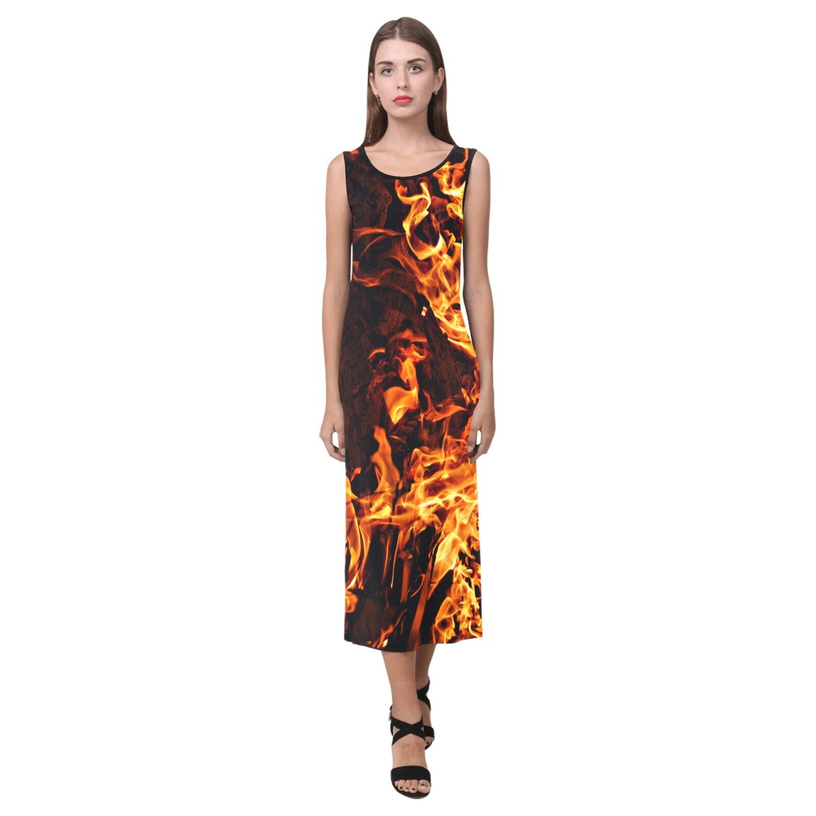 Fire flames no sleeve OpenFork Lg Dress,Casual/Party dress,Gift For Mom/Anniversary/Wife/Aunt/Birthday/Valentine/Thanksgiving/Halloween/Grad