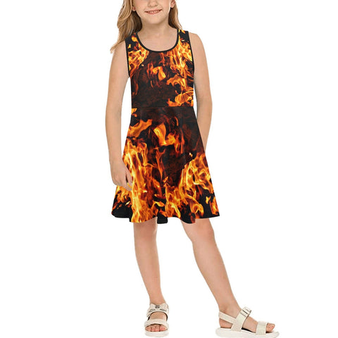 Fire flames Youth Girls Sun Dress,Casual Athletic,Gift For Her/Mom/Anniversary/Wife/Gf/Aunt/Birthday,Valentine/Thanksgiving/Halloween/Grad