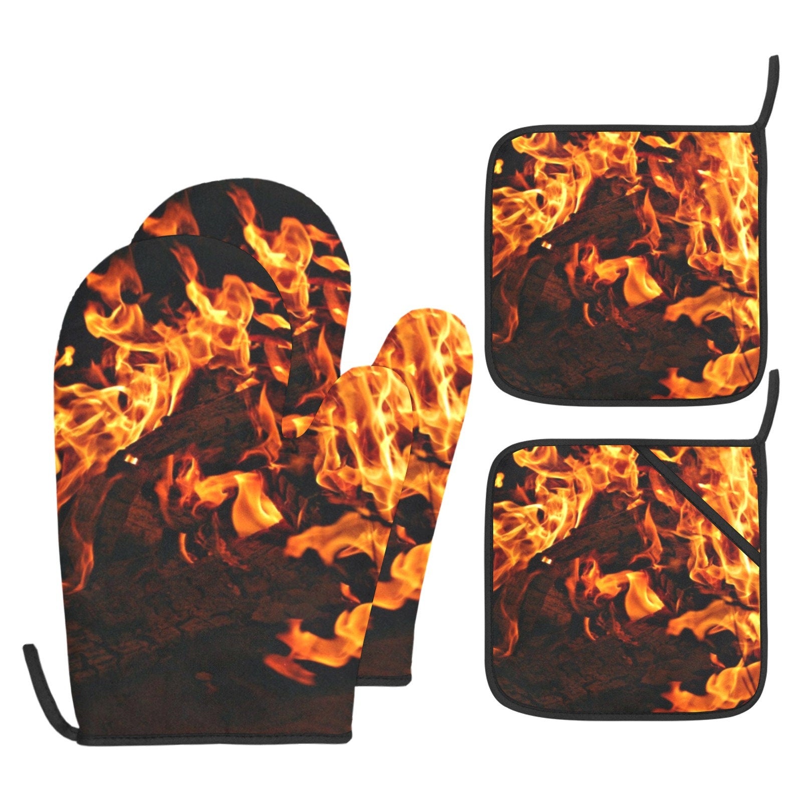 4pc fire flames Pot Holder+Gloves set,Gift for Housewarming/Mothers day/Couples/Bachelor/Birthday/home decor/kitchen decor/cooking/chefs