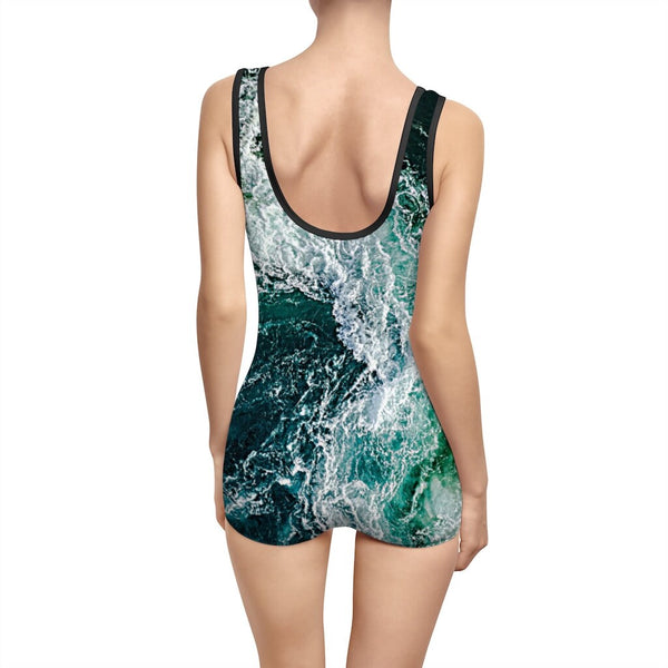 Splashing Waves Vintage One-Piece Swimsuit, Gift for Her/Wife/Girlfriend/Mom/Aunt/Thanksgiving/Christmas/Birthday/Graduation/Honeymoon