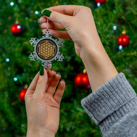 Pewter Snowflake Flower of Life Silver/Gold Sacred Geometry Ornament,Gift for Birthday/Christmas/Meditation/Housewarming/Graduation/Yoga Rm