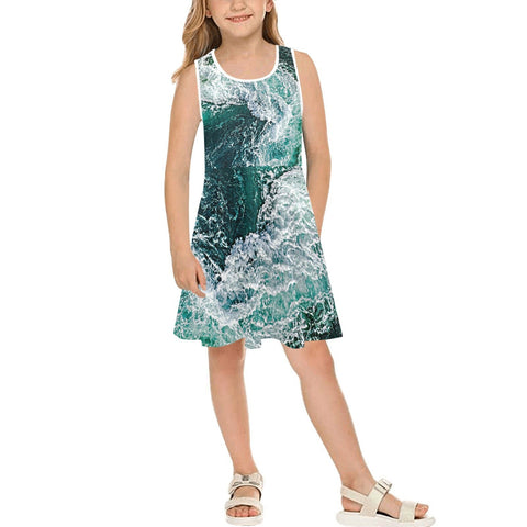 Ocean Waves Youth Girls Sun Dress,Casual Athletic,Gift For Her/Mom/Anniversary/Wife/Gf/Aunt/Birthday,Valentine/Thanksgiving/Halloween/Grad