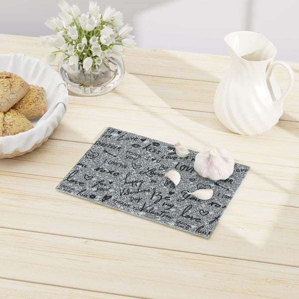 Silver Love Notes Rectangle Glass Cutting Board,Cheese board.Gift for Valentine/Housewarming/Birthday/Anniversary/Graduation/Mothers Day