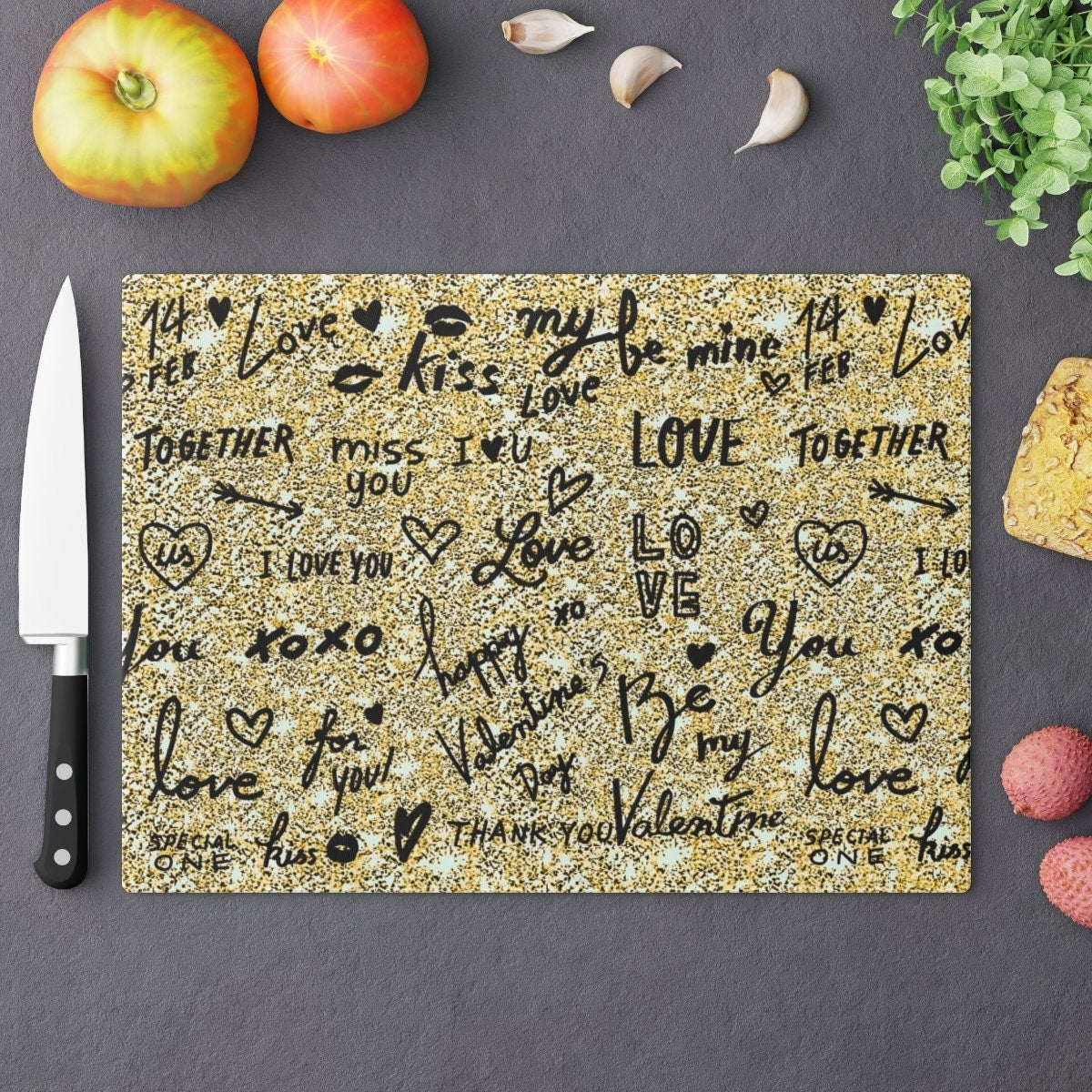 Gold Love Notes Rectangle Glass Cutting Board,Cheese board.Gift for Valentine/Housewarming/Birthday/Anniversary/Graduation/Mothers Day