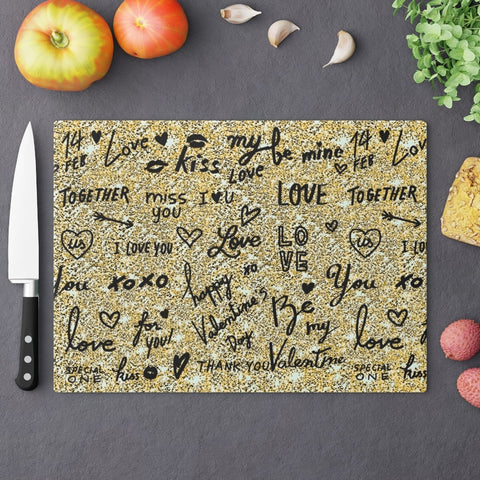 Gold Love Notes Rectangle Glass Cutting Board,Cheese board.Gift for Valentine/Housewarming/Birthday/Anniversary/Graduation/Mothers Day