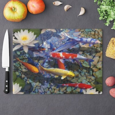 Lucky 8 Kois Fish Glass Cutting Board,Cheese serving board.Gift for Valentines/Housewarming/Birthday/Anniversary/Graduation/Mothers Day
