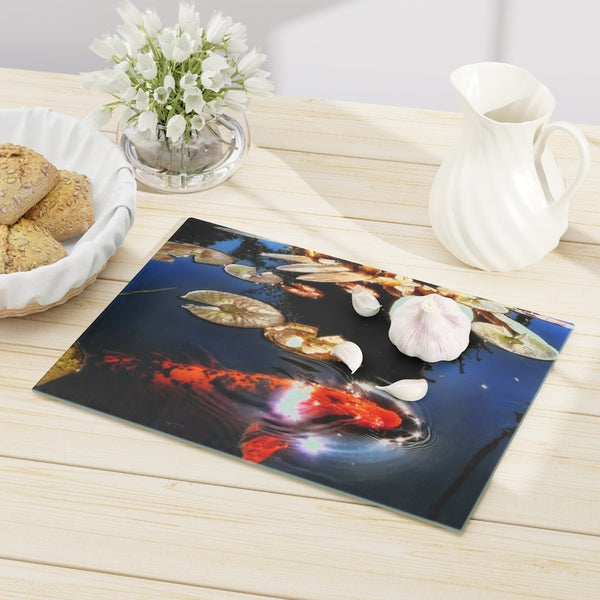 Lucky Koi Fish Glass Cutting/Chopping/Cheese Serving Board,Gift for Valentines/Housewarming/Birthday/Anniversary/Graduation/Mothers Day