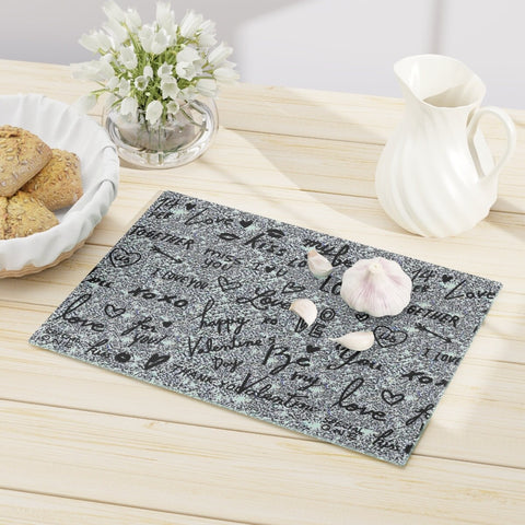 Silver Love Notes Rectangle Glass Cutting Board,Cheese board.Gift for Valentine/Housewarming/Birthday/Anniversary/Graduation/Mothers Day