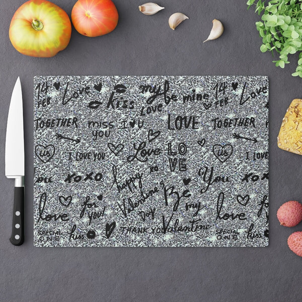 Silver Love Notes Rectangle Glass Cutting Board,Cheese board.Gift for Valentine/Housewarming/Birthday/Anniversary/Graduation/Mothers Day