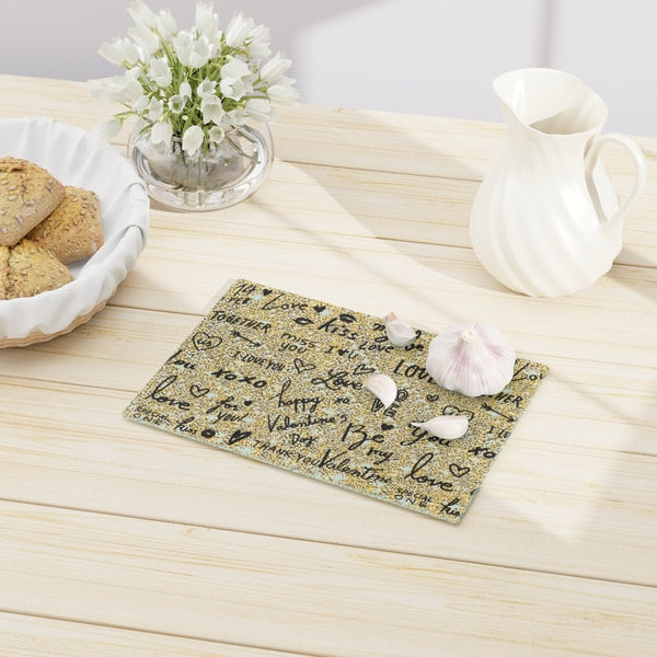 Gold Love Notes Rectangle Glass Cutting Board,Cheese board.Gift for Valentine/Housewarming/Birthday/Anniversary/Graduation/Mothers Day
