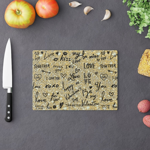 Gold Love Notes Rectangle Glass Cutting Board,Cheese board.Gift for Valentine/Housewarming/Birthday/Anniversary/Graduation/Mothers Day