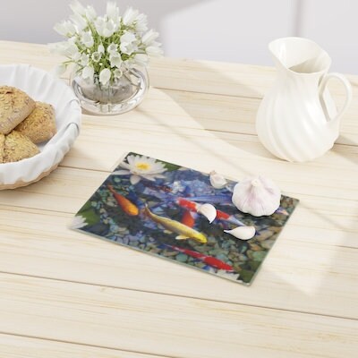 Lucky 8 Kois Fish Glass Cutting Board,Cheese serving board.Gift for Valentines/Housewarming/Birthday/Anniversary/Graduation/Mothers Day
